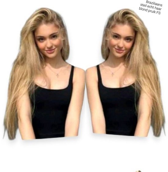 Twee identieke modellen met lang, steil, honingblond haar.