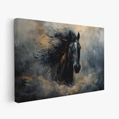 FineArtia - Zwarte paard in beweging - Canvas Schilderij - 90 x 60 cm - Woonkamer Decoratie - Blauw;Bruin;Zwart - Slaapkamer Schilderij - Wanddecoratie