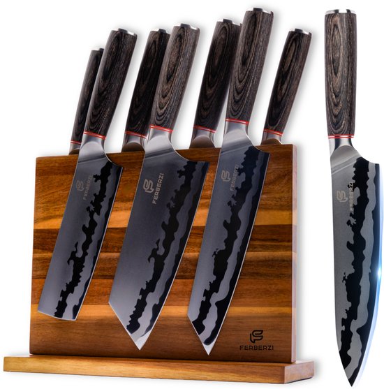 Ferberzi Messenset Bruin 7 Delig Met Magnetische Messenhouder - Professionele Japanse Messen - Keukenmessen - Messenblok - Messensets - Koksmessen