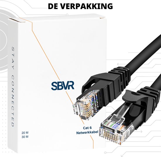 Doos met 'STAY CONNECTED' en SBVR logo, naast zwarte Cat 6 netwerkkabels.