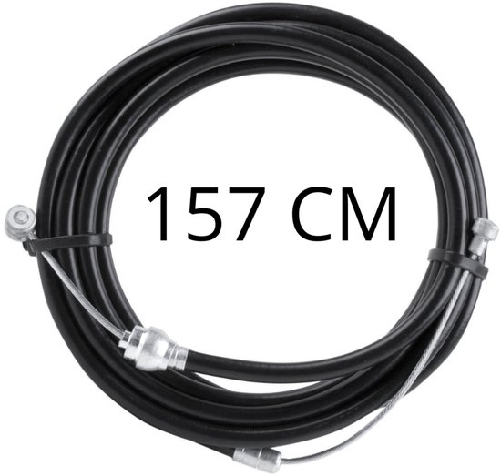 Zwarte remkabel opgerold, met tekst '157 CM' in het midden. Metalen uiteinden.