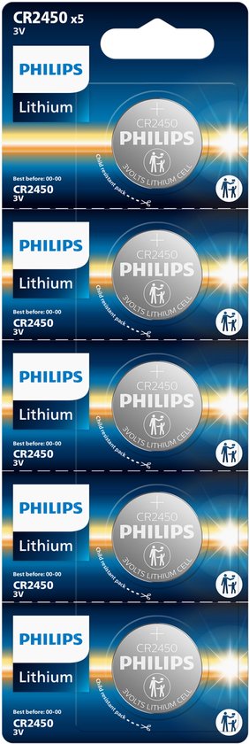 Verpakking met 5 Philips CR2450 lithium knoopcelbatterijen van 3V. Kindveilige verpakking.
