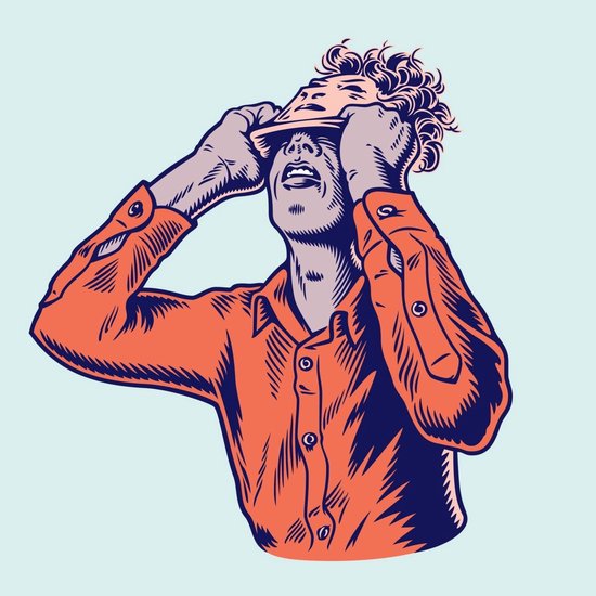Illustratie van een man met oranje overhemd die een masker van zijn gezicht trekt.
