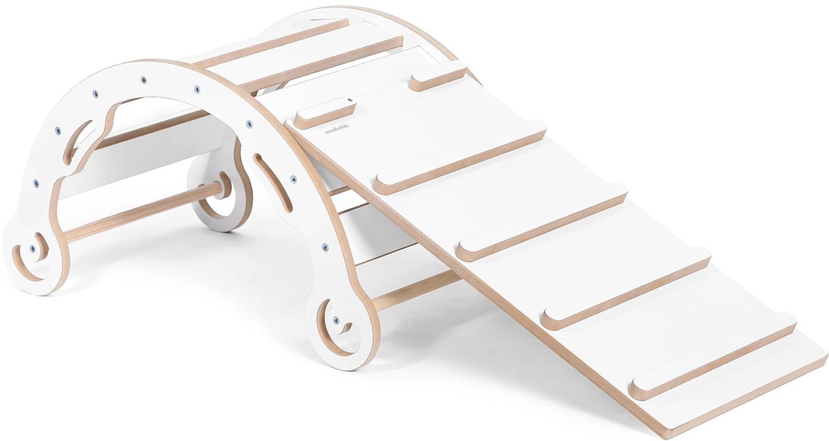 Need Sleep - Montessori Klimboog met 2-in-1 Glijbaan - 85x42x41 cm - Schommelboog & Klimwand - Houten Speelgoed voor Kinderen 1-3 Jaar - Wit
