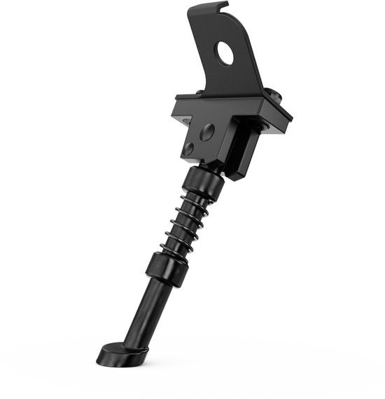 Béquille de vélo noire en métal avec ressort et embout noir.