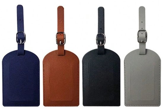 Vier leren bagagelabels in het blauw, bruin, zwart en grijs, met gespen.