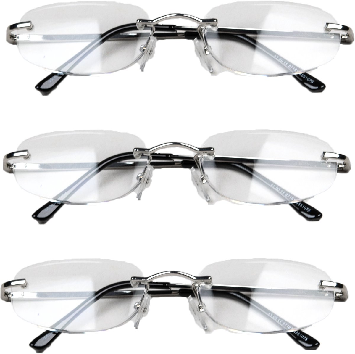 Melleson Eyewear Leesbril Randloos - +1.00 - 3 Stuks - Ovale Glazen - Met 3 Pouches