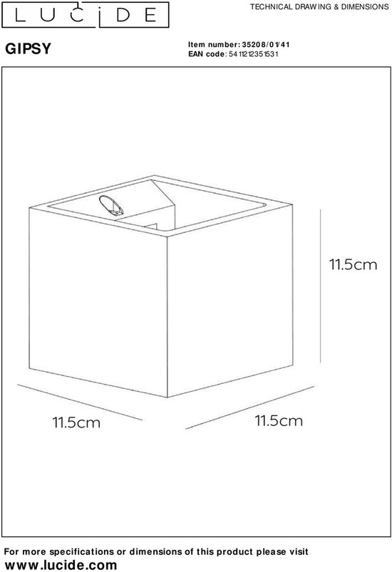 Technische tekening van de Gipsy wandlamp, 11,5x11,5x11,5cm.