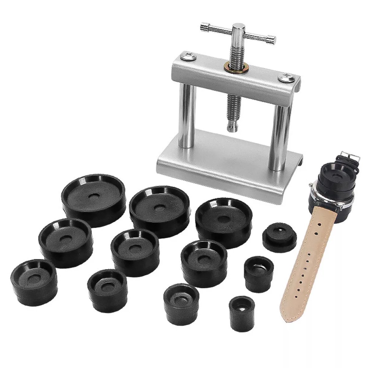 Moderne horlogepersset - Horlogepersgereedschap - Kastdekselpersen - Inclusief 18 verschillende matrijzen - Voor horlogereparatie en batterijvervanging