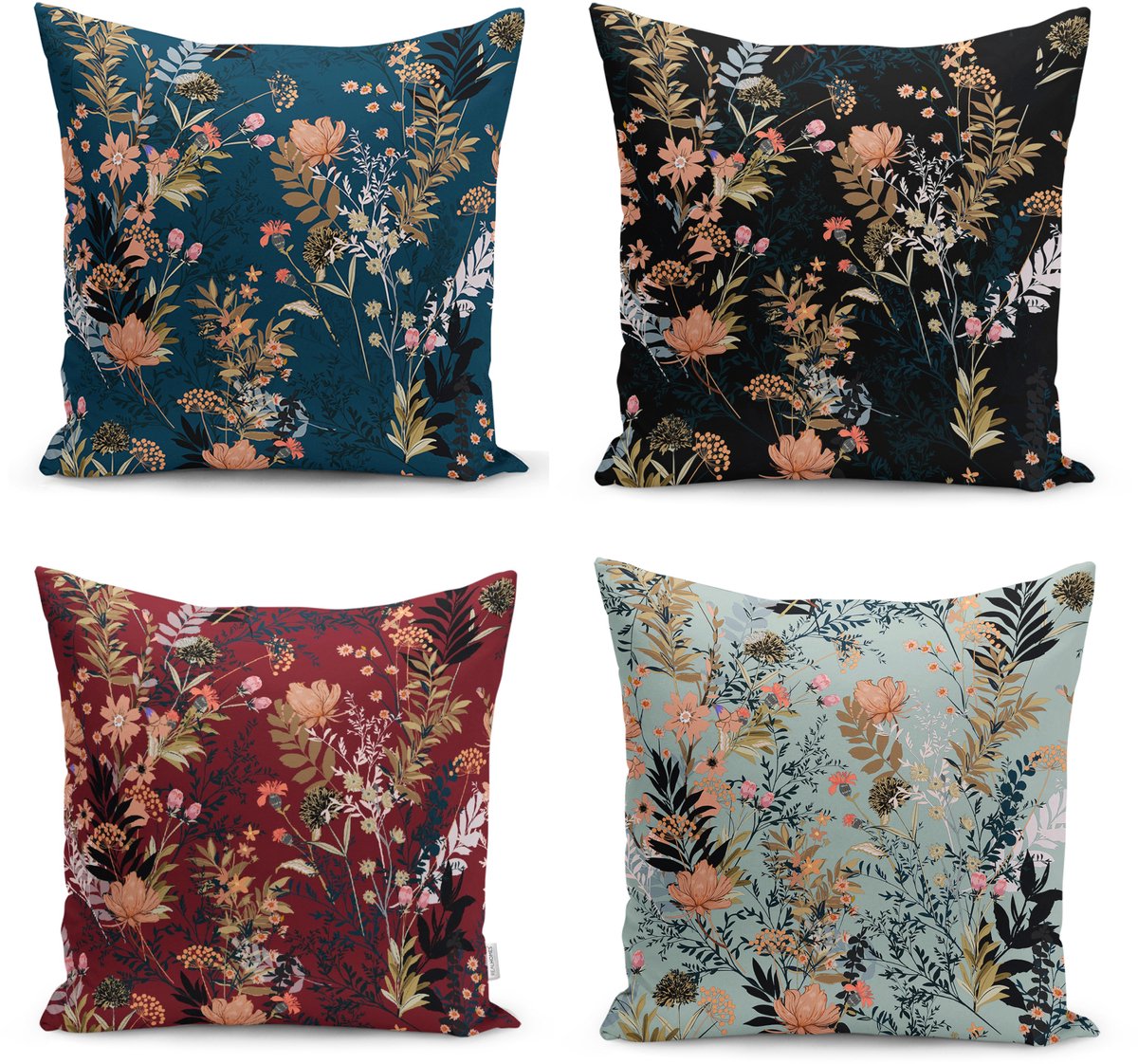 De Groen Home BLOEM Sierkussen set van 4 - 50x50 - Velvet Bloemen - Inclusief binnenkussen Donkerblauw