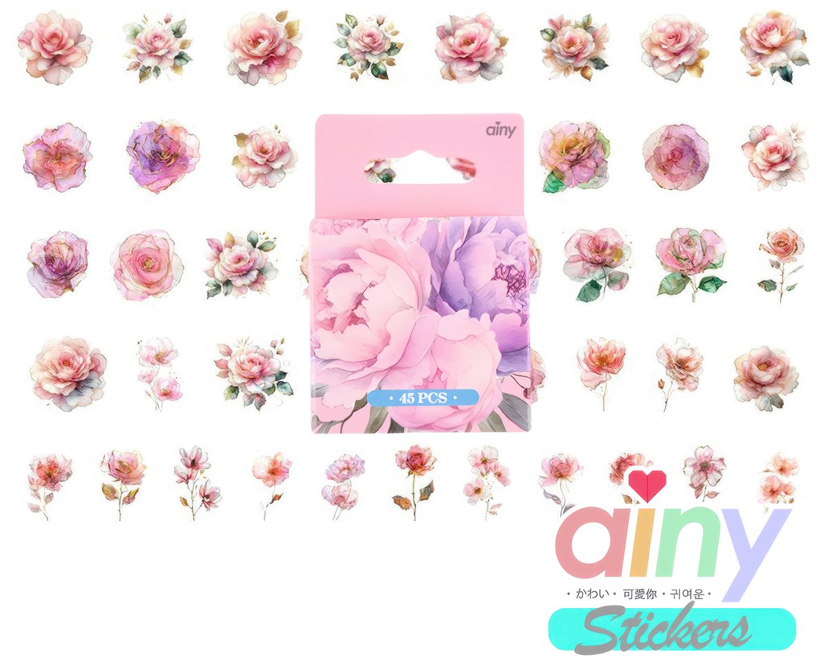 Ainy Pioenroos Droom Bloemen PET Stickers 45 stuks | Luxe & Elegant | Geschikt voor bullet journal, fotoalbum, wenskaarten, laptop, telefoon, waterfles, muursticker, geschenksticker, skateboard of graffiti sticker | Kinderen & Volwassen