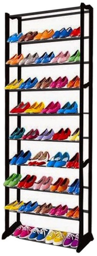 Étagère à chaussures noire à 10 niveaux, garnie de chaussures colorées.