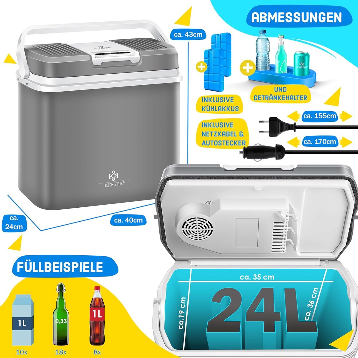 KESSER® Koelbox 24 liter, KOELT en VERWARMT | Thermo-elektrische koelbox incl. 2x koelaccu | 12 Volt en 230 Volt | Minikoelkast voor auto, boot, camping, strand | Grijs