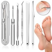 Compleet 5-Delige Roestvrijstalen Pedicure Set I Bestaande Uit Een Eeltmes/Eeltverwijderaar, Ingegroeide Teennagel Tool, Nagelriem Duwer, Nagelriem Verwijderaar, Pedicure Mes I Incl. Case