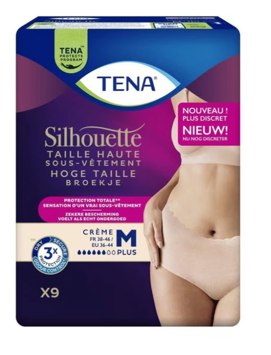 Tena Silhouette hoge taille broekje, crème, maat M. 9 stuks.