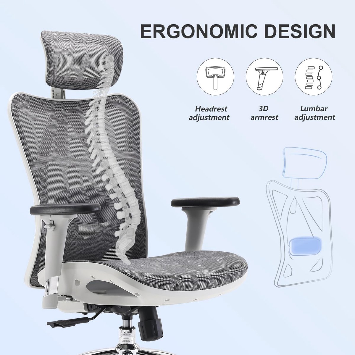 SIHOO M57 Ergonomische Bureaustoel met 3D-Armleuningen&Verstelbare Lendensteun-Premium Mesh Design voor Kantoor/Thuiswerken - 150kg Draagvermogen - 8cm Hoogteverstelling-3 Standen Kantelmechanisme (110°/116°/126°)-SGS/BIFMA Gecertificeerd——Lichtgrijs – foto 5
