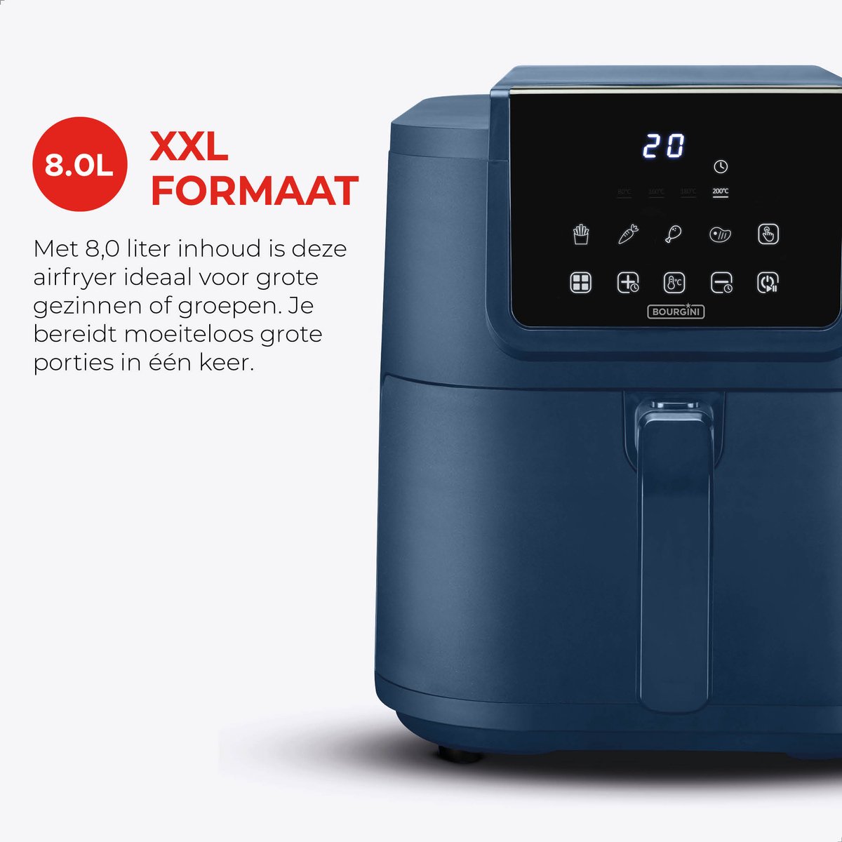 Afbeelding 3 van Bourgini Slimfit Airfryer XXL Blauw - Heteluchtfriteuse - 8 liter - 1700W - PFAS vrij