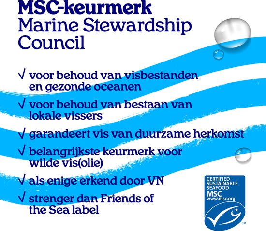 MSC-keurmerk Marine Stewardship Council met vinkjes en blauwe strepen.