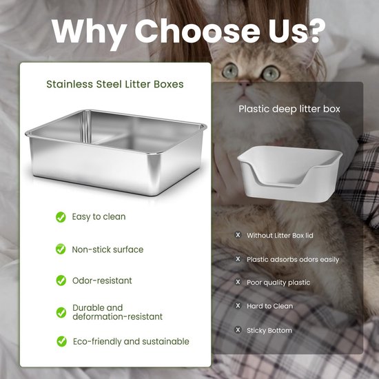 Roestvrijstalen kattentoilet met deksel, extra grote kattenbak voor grote en meerdere katten, metalen kattentoilet met hoge zijkanten, lekvrij, geurloos, niet klevend (grijs