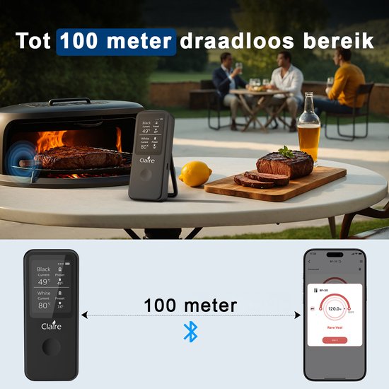 Claire vleesthermometer met display en een smartphone op een buitentafel met een gegrild stuk vlees.