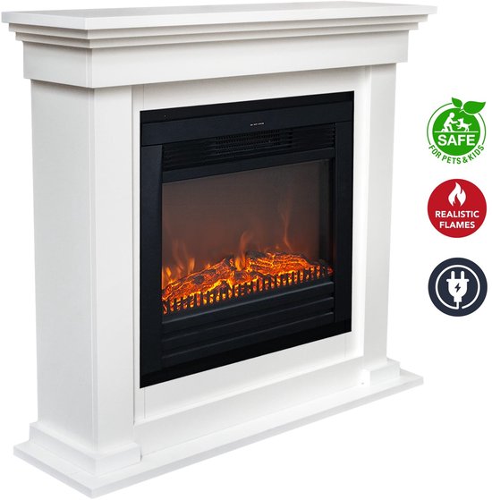 Witte elektrische haard met realistische vlammen. Veilig voor huisdieren en kinderen. Plug & Play.