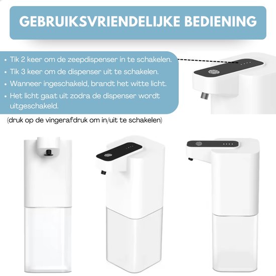 Gebruikershandleiding voor de automatische zeepdispenser: aanzetten door 2 keer tikken, uitzetten door 3 keer tikken.