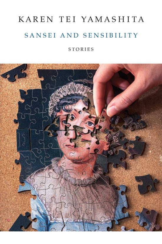 Couverture de livre : puzzle d'un visage de femme, une main place une pièce. Titre : Sansei and Sensibility.
