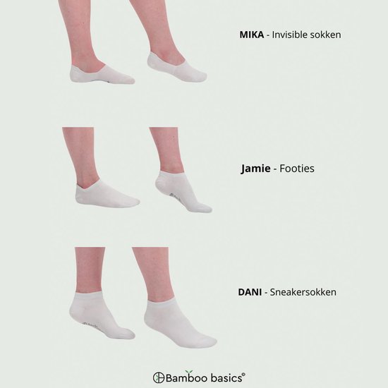 Drie sets witte Bamboo basics sokken: invisible, footies en sneakersokken.