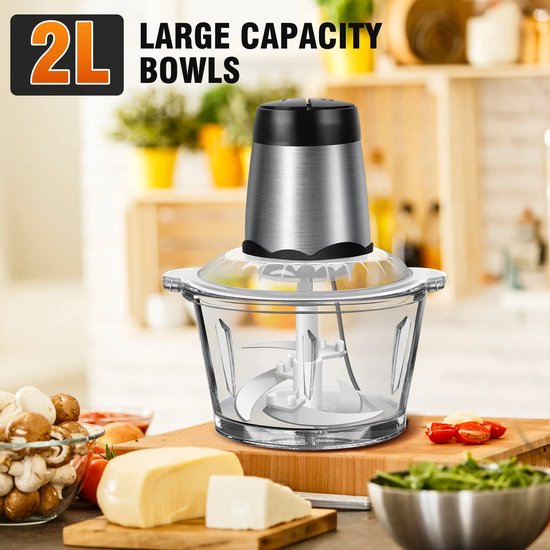 Mini-Blender - Hakmolen - Elektrische Vleesmolen - Mini Keukenmachine - Groentesnijder - Blender - Foodprocessor - 2L Glazen Kom - 300W Motor - 2 Snelheden - Vleeshakmolen - Compacte Chopper - Vaatwasserbestendig - Met Messen en Schraper - Antislip van MINI — afbeelding 2
