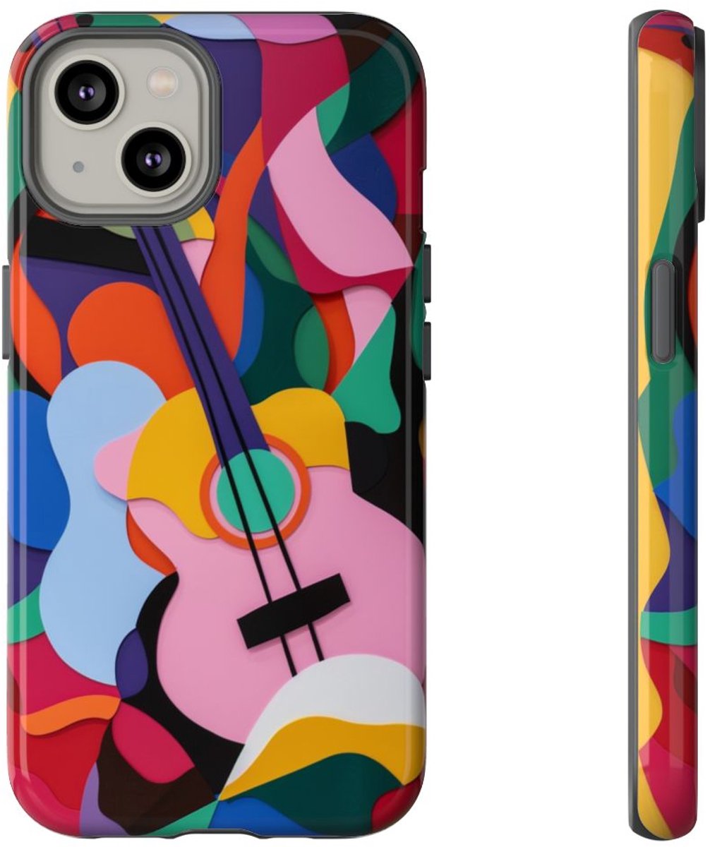 Kleurrijke Abstracte Gitaar – Glanzend Stevig Hoesje Geschikt voor iPhone 14