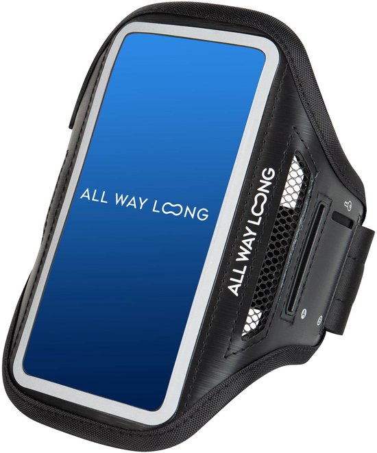 Zwarte sportarmband voor telefoon met blauw scherm, met logo 'ALL WAY LONG'.