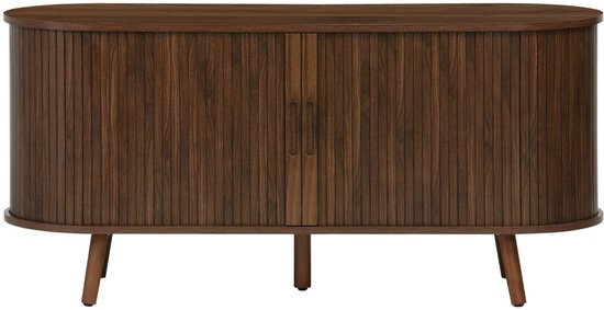 Donkerbruin Scandinavisch tv-meubel met gegroefd houteffect en twee schuifdeuren.