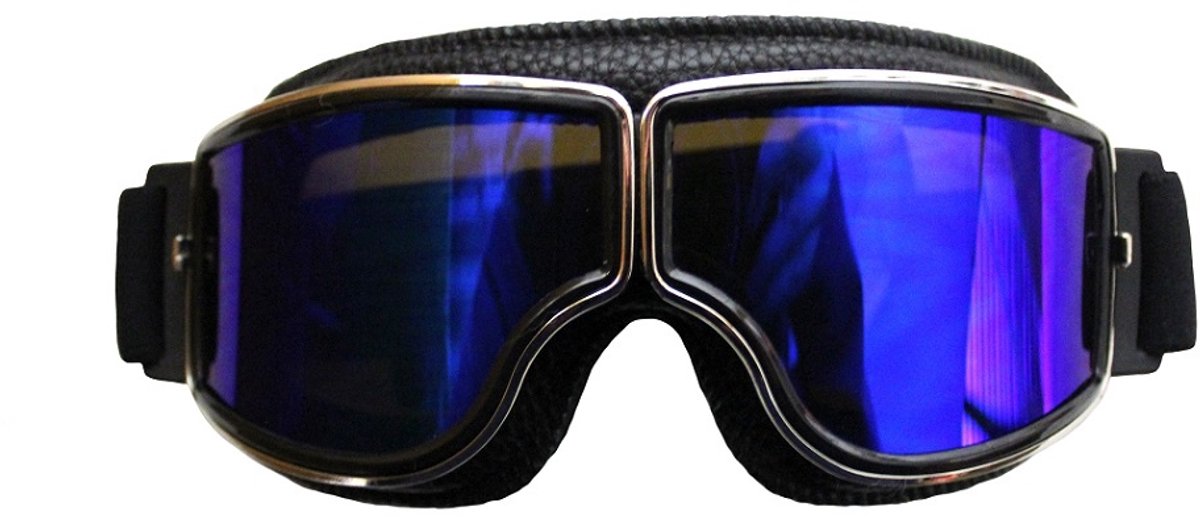 DriveLux™ Cruiser - Stijlvolle Leren Motorbril voor Heren met Retro Design - Blauw Reflecterend Glas en Verfijnde Ventilatiegaten voor Optimaal Comfort – Retro Motorbril