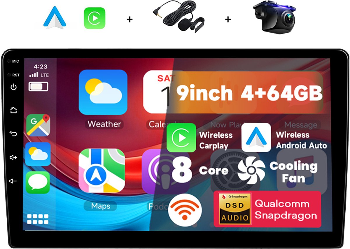 Boscer Autoradio 2Din Universeel - Android 15 - Apple Carplay & Android Auto (Draadloos) - 9 Inch HD IPS Touchscreen - 8-Core 4+64GB - Interne Koeler - GPS Navigatiesysteem - USB, Bluetooth, WiFi & MP5 - Achteruitrijcamera & Microfoon