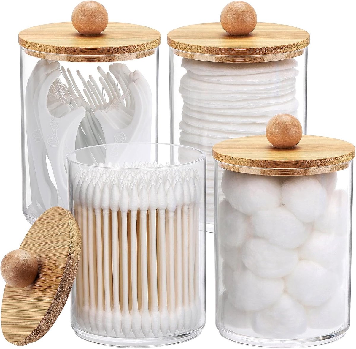 4 pack Houder - 10 ounce Badkamer Organizer Accessoires Opbergcontainers - Doorzichtige Plastic Apothekerspotten met Bamboe Deksels - voor Wattenbolletjes, Wattenstaafjes, Floss