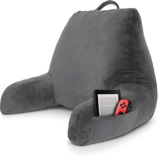 Leeskussen - Voor in bed - Met 3 opbergvakken - Rugkussen bank - zitkussen - Lende - Rug kussen onderrug - Lees - Kussens - Knuffel - Steun - Boeken - book - Seat - Grijs