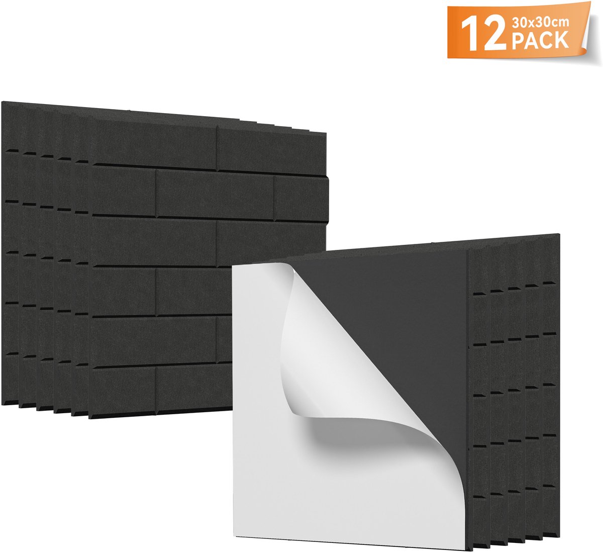 Aufun Vierkante baksteenvorm Akoestische Panelen, Zelfklevende Wandbekleding (Zwart, 12 Strips)