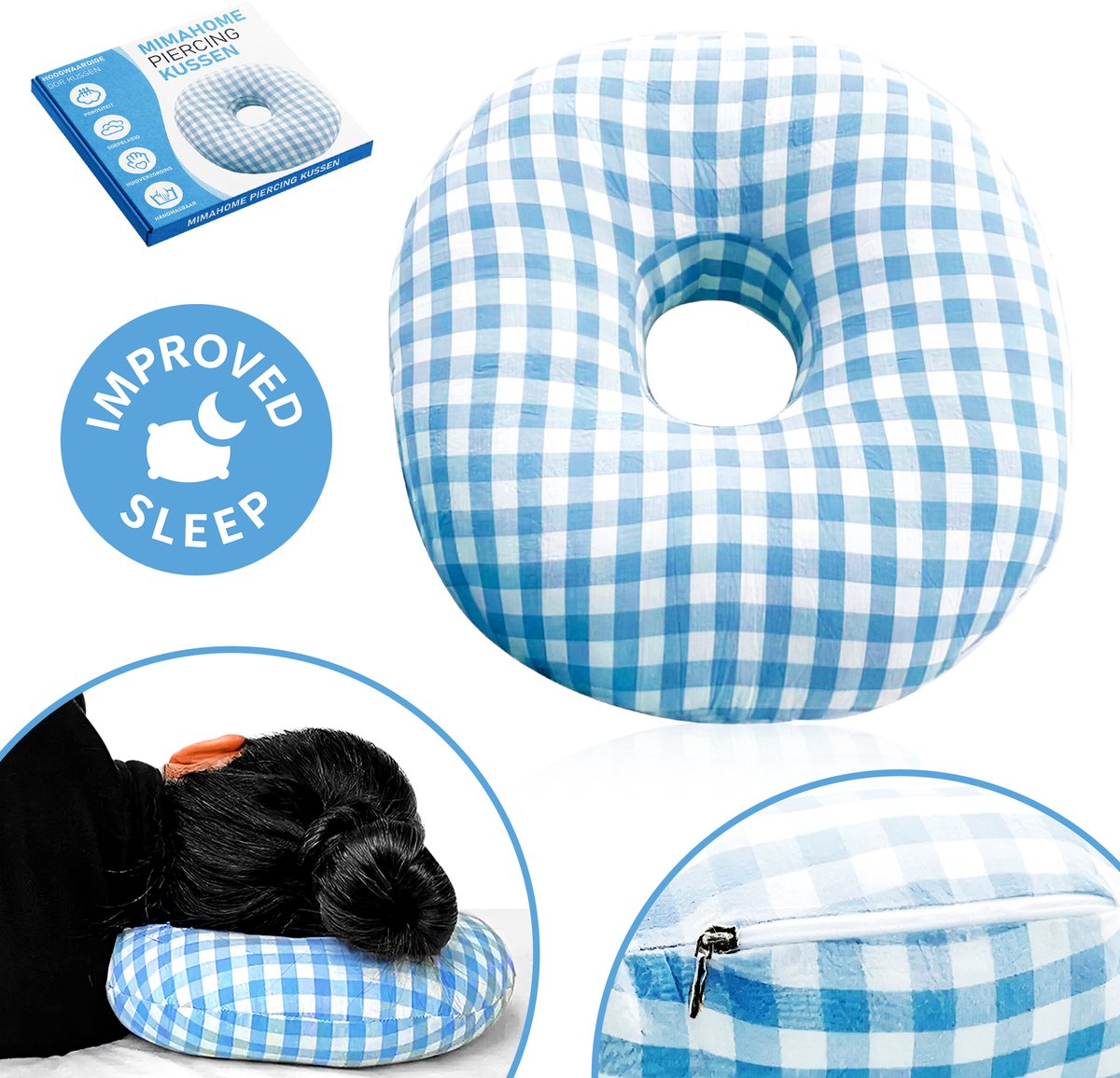 MiMaHome Piercing Kussen Pro - Ringkussen - Kussen met Gat voor oor - Zijslaper Kussen - Piercingkussen - Donut Kussen - Oorkussen