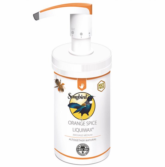 Witte fles Songbird Orange Spice Liquiwax met doseerpomp, bij-illustratie en 'Nut Free' label.