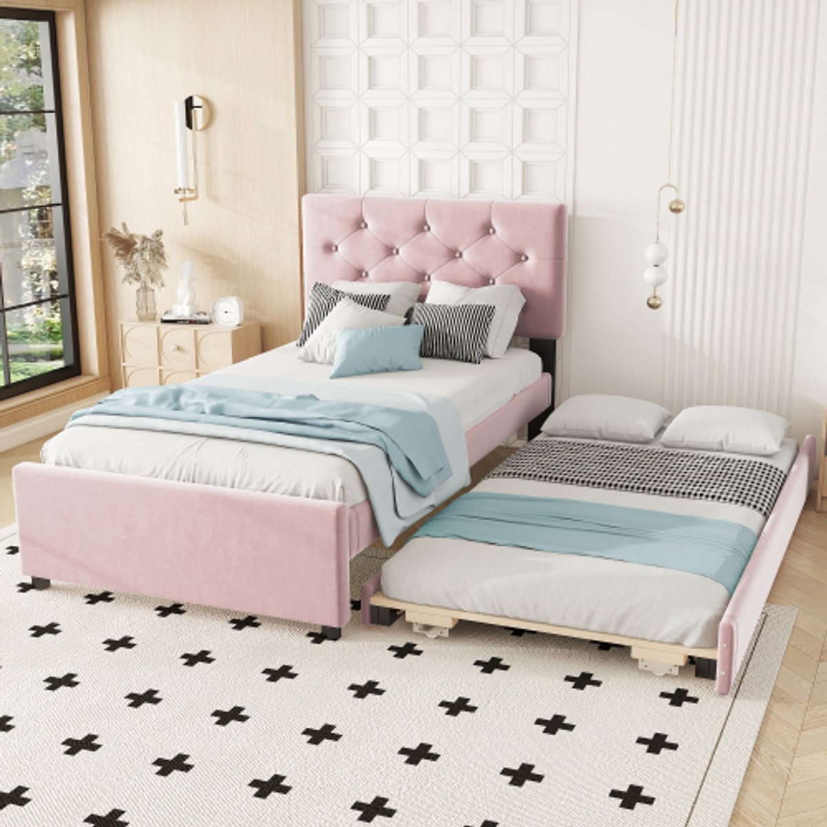 Opbergbed, 90x200 cm, bed met lattenbodem (zonder matras), bed met rolcontainer, fluweel, minimalistisch, roze