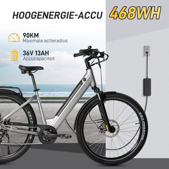 SAXXX Elektrische Fiets Comfort SUV Easy - 468Wh uitneembare accu - 90 km Actieradius - SHIMANO Altus 7 Versnellingen - Achterwielmotor 250W - 27.5 inch CST anti-lek banden - Mechanische schijfrem - Elektrische Stadsfiets - Zilvergrijs van Saxxx — afbeelding 3