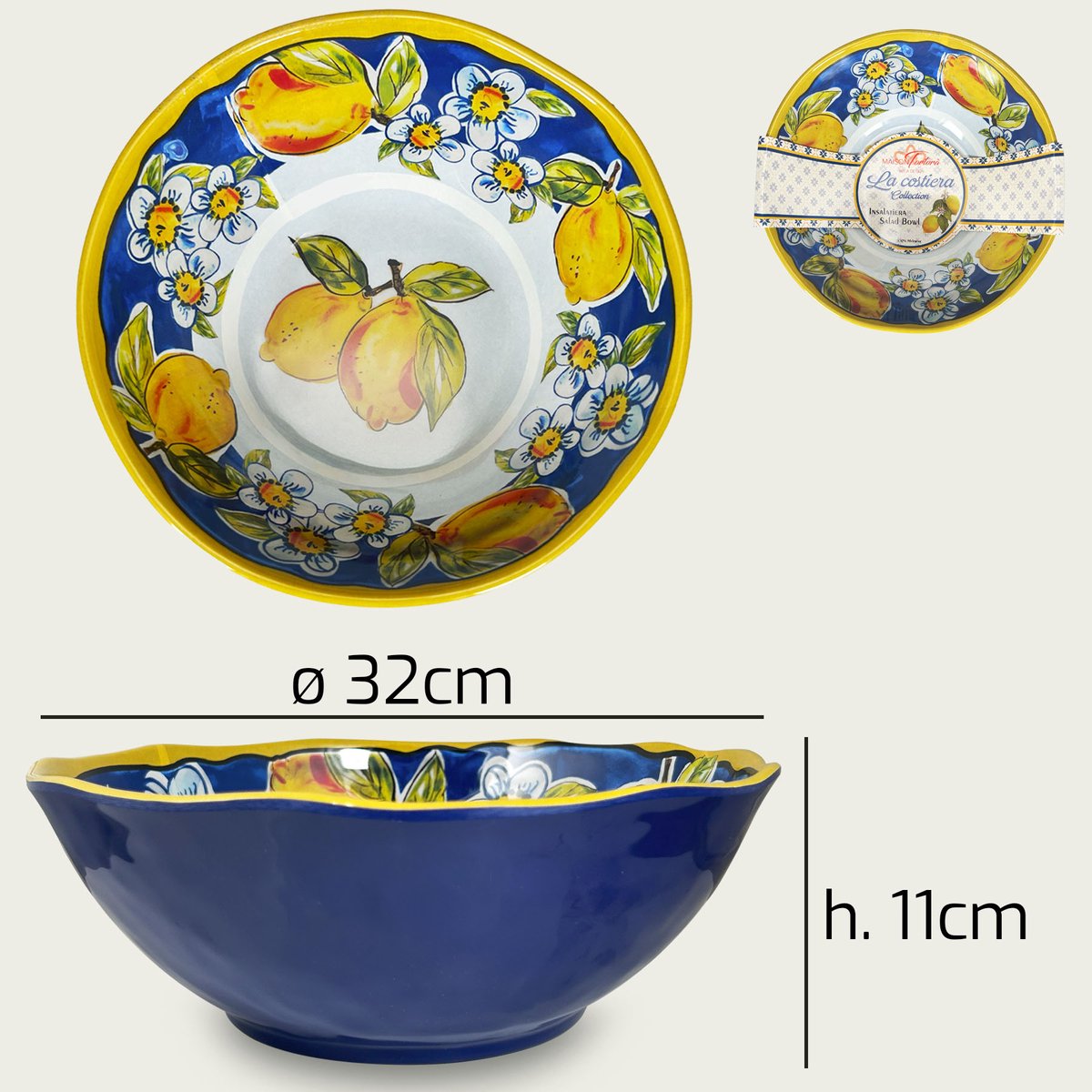 Arca Limoni Due- Melamine kom Ø32xH11cm – licht in gewicht – makkelijk stapelbaar – voor binnen en buiten