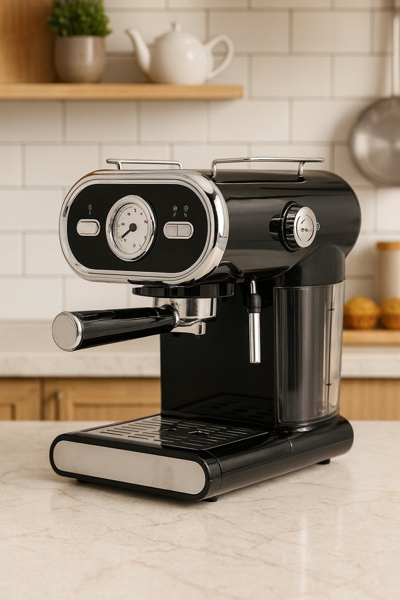 Fameilleur Retro Espressomachine – 15 Bar Pompdruk – 2 Kops Koffiezetapparaat – Met Melkopschuimer & Stoompijpje – 1100W – 1L Afneembare Watertank–Zwart/Zilve-Voor Espresso, Cappuccino, Latte & Macchiato- espresso machine-koffie zet apparaat