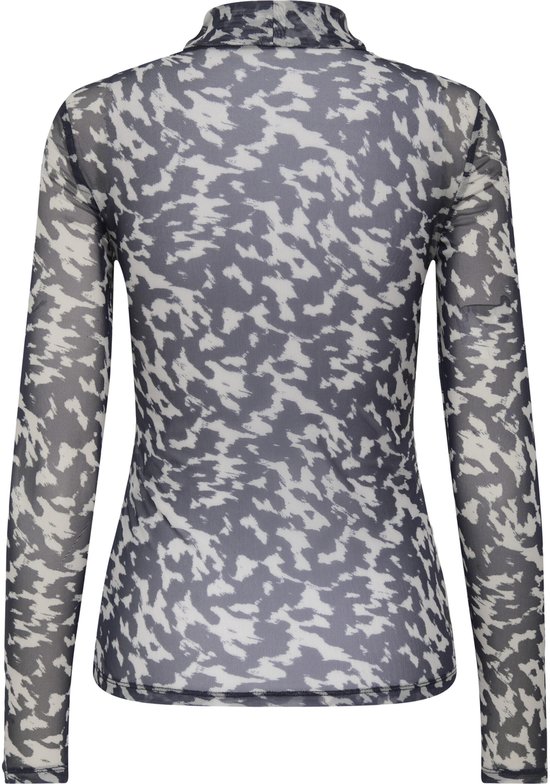 Dames top met abstracte print, hoge hals en lange mouwen.