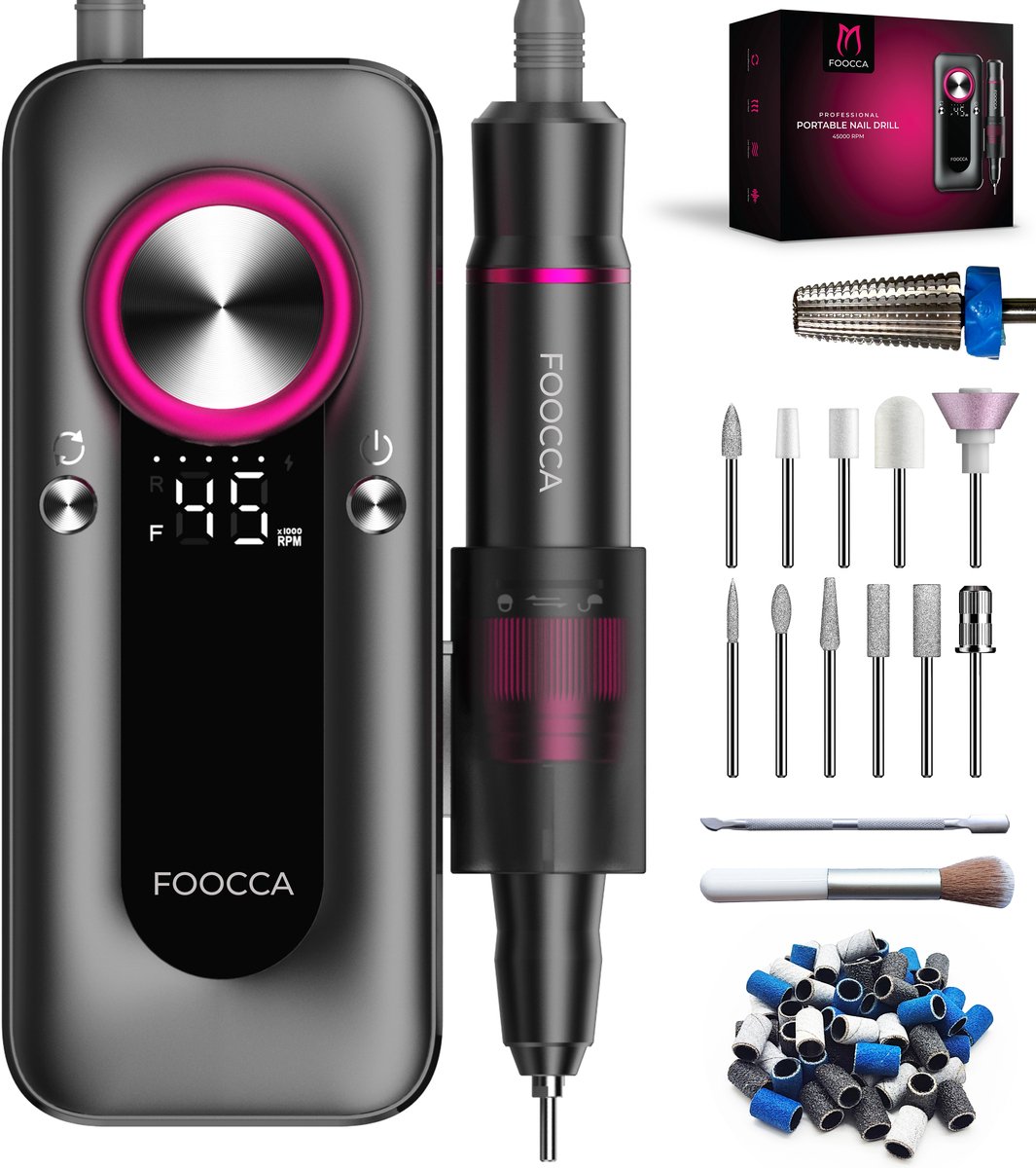 FOOCCA® Portable Pro - Elektrische Nagelvijl 45000 RPM - Draadloos & Oplaadbaar - Nagelfrees - Manicure en Pedicure Set - 12 Bitjes en 65 Schuurrolletjes (uitbreidbaar) - 2 Extra Accessoires - 4000 mAh Accu - Eeltverwijderaar - Broekriemclip op Prijzenvolger.com