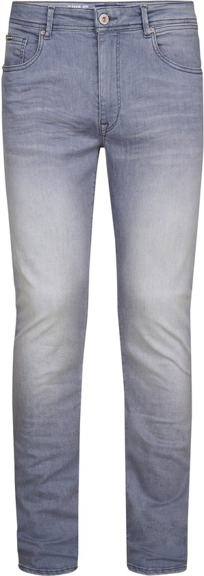 Grijze slim fit jeans met een vintage wassing, staand op een witte achtergrond.