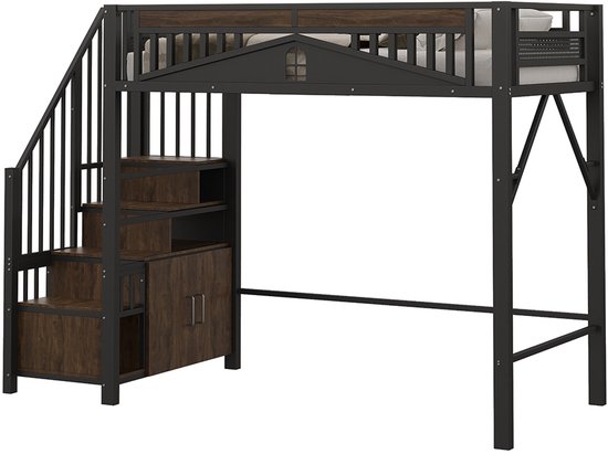 Lit mezzanine en métal Pugsdrly 90 x 200 cm, enceinte de sécurité unique avec fenêtre, échelle de sécurité avec armoire, noir