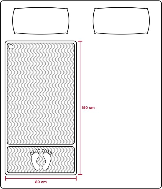 Schematische tekening van een elektrische deken van 150x80 cm met een apart voetengedeelte.