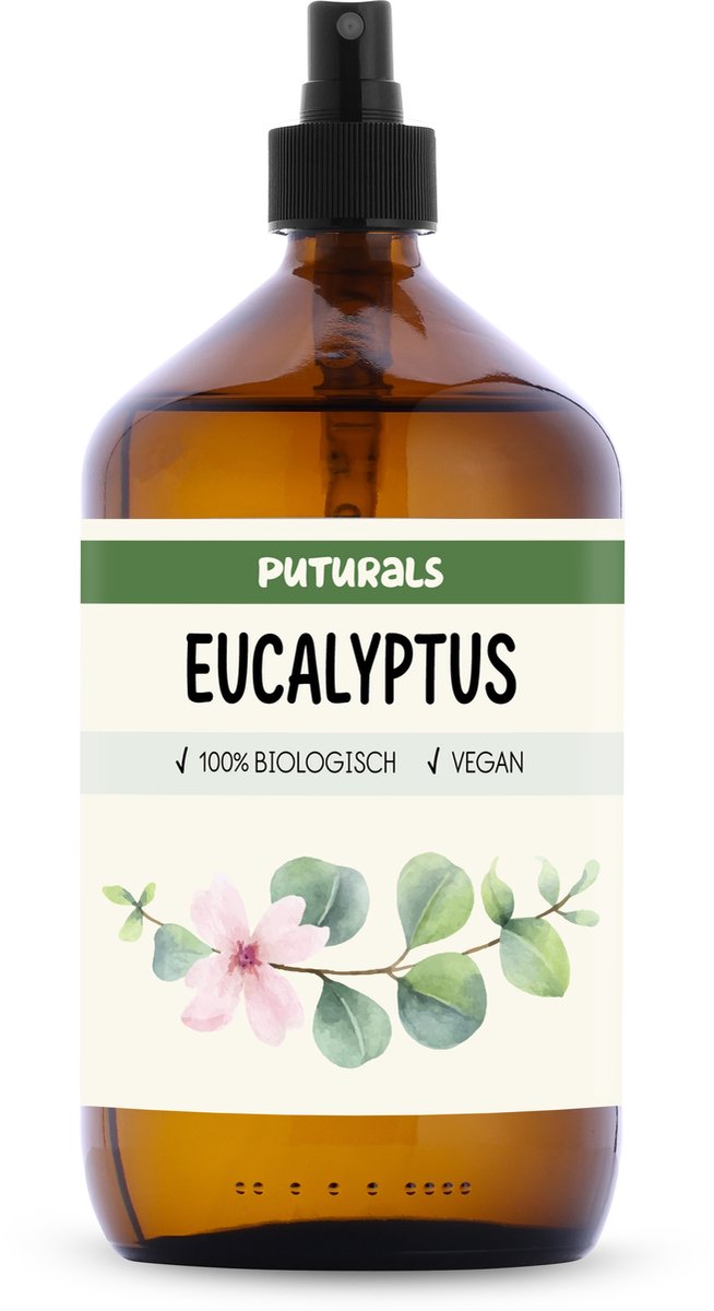 Puturals Eucalyptuswater 100% Biologisch - 1000ml - Eucalyptus Spray voor Huid en Haar - Zonder Alcohol - Puur en Vegan - Bijproduct van Eucalyptus Olie - Bruine Glazen Fles + Verstuiver