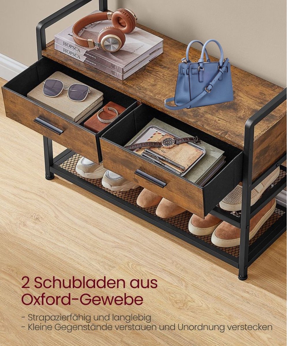 Signature Home Karako Kapstok met schoenenbank - Garderoberek 10 haken - kledingrek - schoenenrek met 2 stoffen lades - 6 zijhaken - bruin inktzwart - 30 x 80,4 x 182 – foto 4